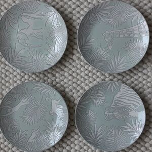 Pier 1 Reactive SAFARI Embossed African Animals Lt Teal Stoneware Salad Plates